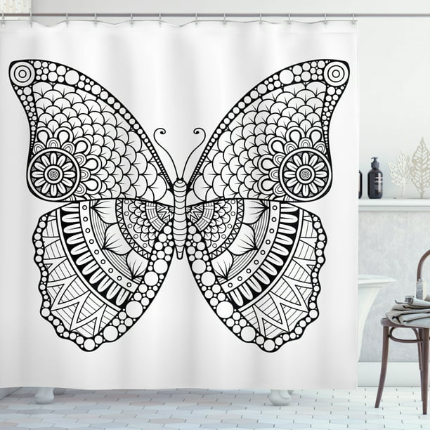 Details about  / White /& Black Flowers Butterfly Waterproof Fabric Bathroom Shower Curtain Set